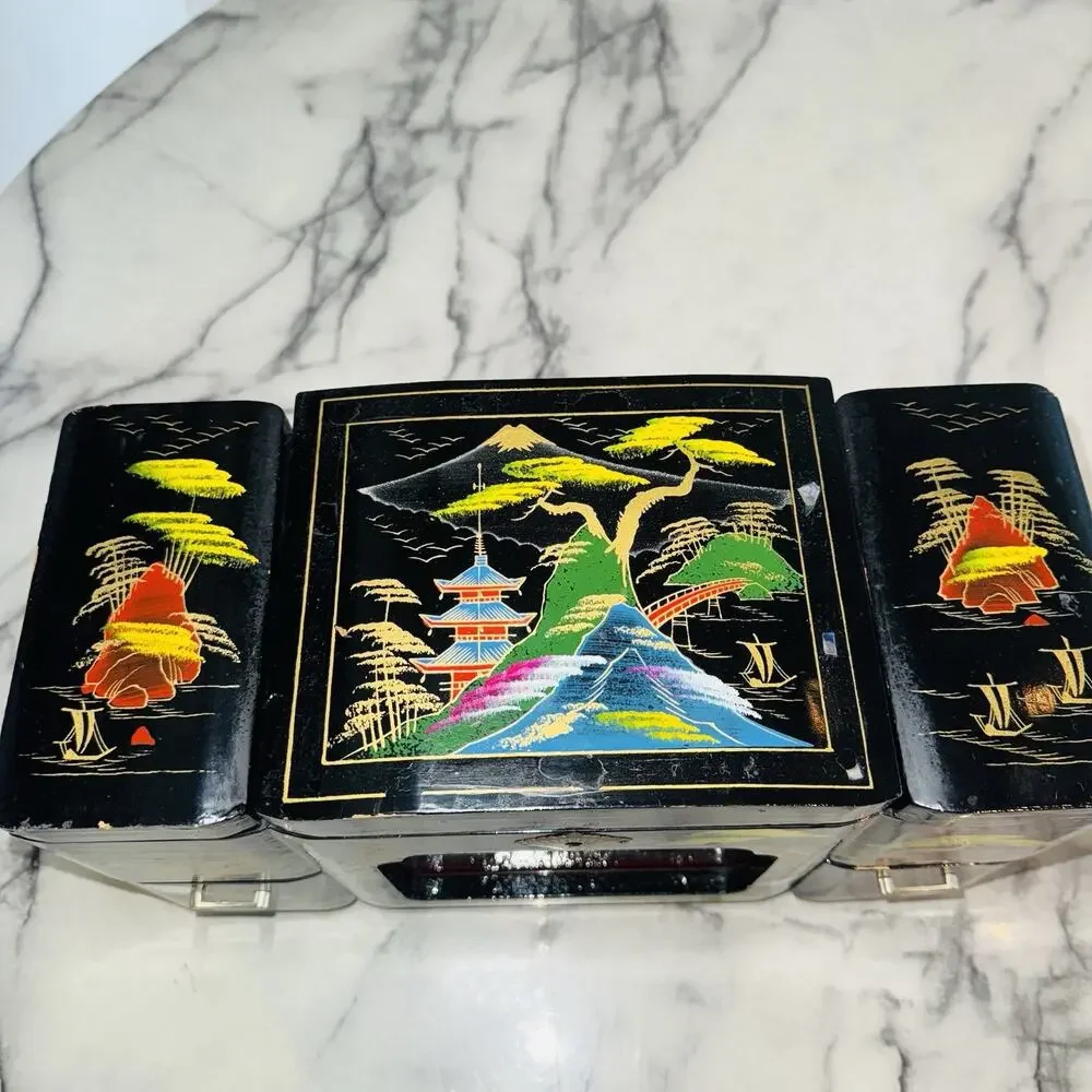 Vintage Jewelry Box Asian Music MOTION Geisha Mirror Japan Handpainted Works 13